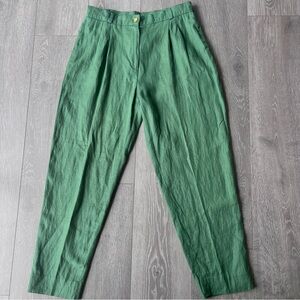 Green Linen Pants Pleated High Waist Elastic Back Taper Leg Heavyweight Linen ML